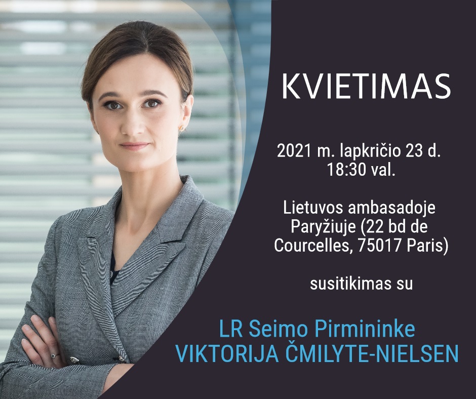 Lapkričio 23-24 d. Paryžiuje lankysis LR Seimo Pirmininkė Viktorija Čmilytė-Nielsen