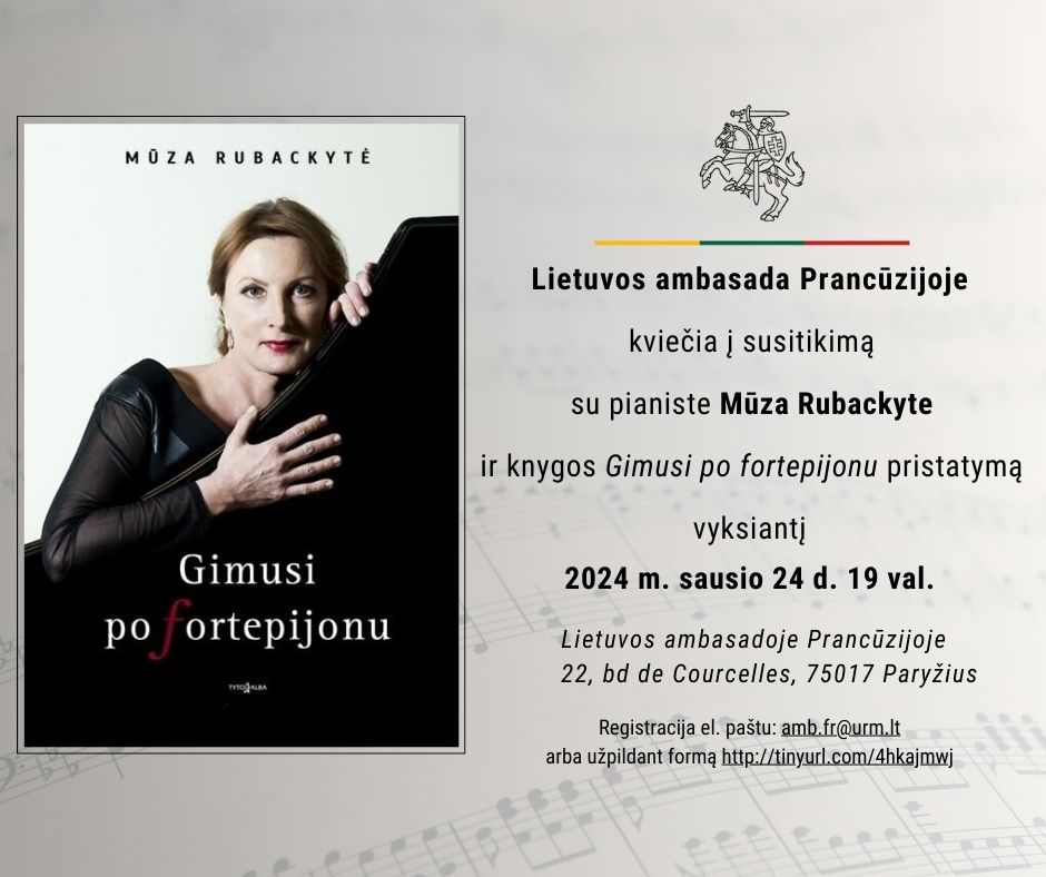Kvietimas į susitikimą su pianiste prof. Mūza Rubackyte ir knygos „Gimusi po fortepijonu“ pristatymą