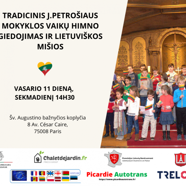 Tradicinis J.Petrošiaus mokyklos vaikų himno giedojimas ir lietuviškos mišios