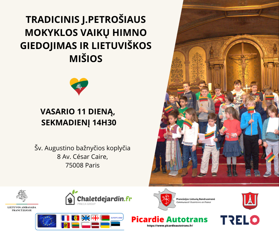 Tradicinis J.Petrošiaus mokyklos vaikų himno giedojimas ir lietuviškos mišios