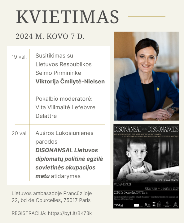 Kvietimas į susitikimą su LR Seimo Pirmininke Viktorija Čmilytė-Nielsen ir parodos „Disonansai. Lietuvos diplomatų politinė egzilė sovietinės okupacijos metu“ atidarymą