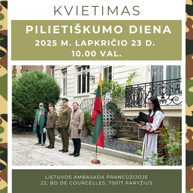 Kvietimas į Pilietiškumo dieną Lietuvos ambasadoje Paryžiuje 2025 m. lapkričio 23 d.
